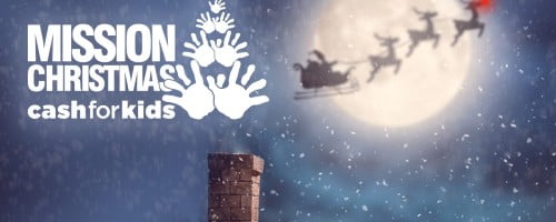 mission christmas cash for kids logo above chimney with santa sleigh in background