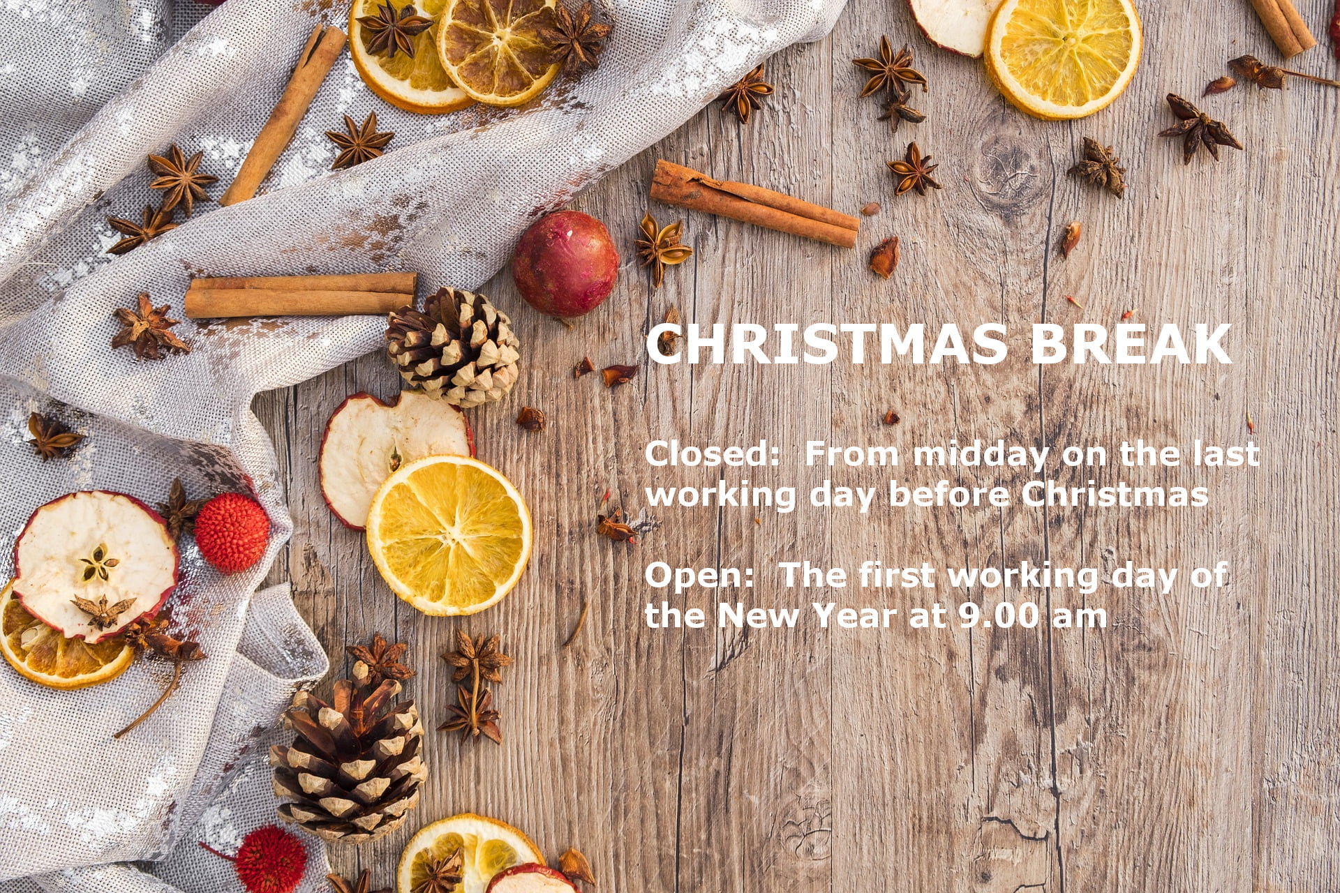 christmas opening times closed midday christmas eve, open on first working day of new year