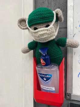 fred safety bear and hand sanitiser