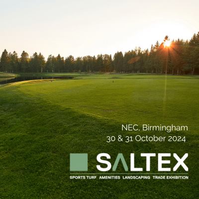 saltex logo and dates on golf course background