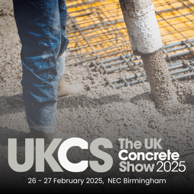 Man pouring concrete and details of the 2025 concrete show