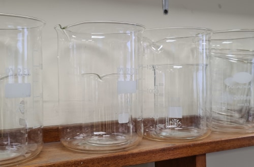 product-formulation glass beakers in the lab