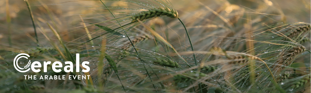 The Cereals Event logo in front of a closeup image of an arable crop field